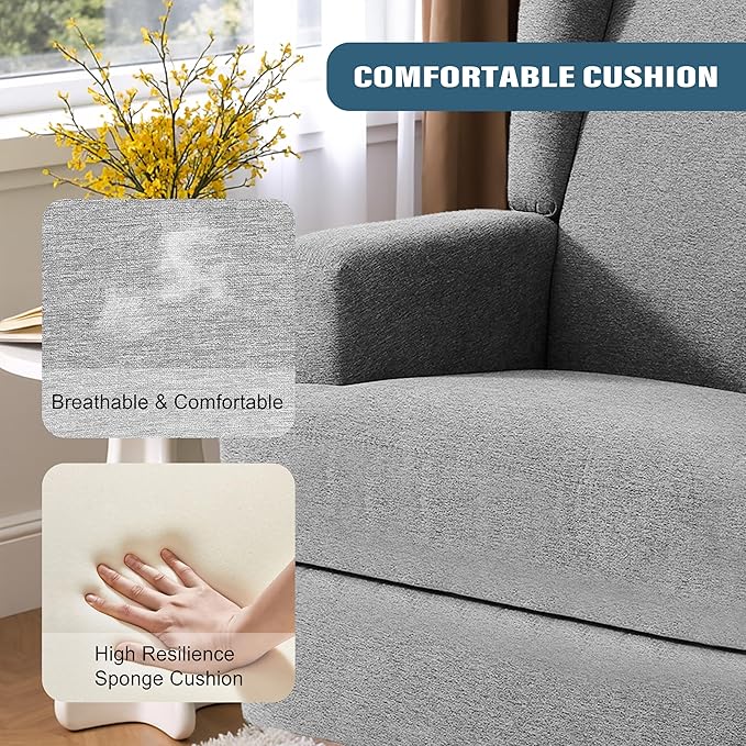 Swivel Glider Recliner Chair for Adults with Deep Seat - High Back Rocker Reclining Accent Chair, Manual Recliner for Living Room & Nursery, Comfortable Upholstered Fabric Armchair-Light Gray