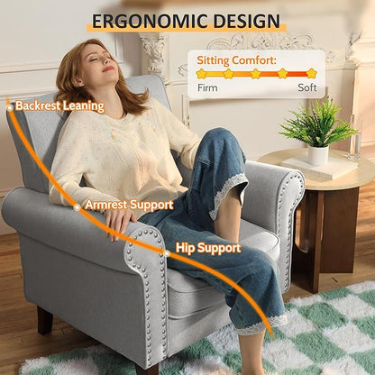 PrimeZone Comfy Accent Chair Set of 2, Mid-Century Modern Fabric Living Room Chair Reading Chair with Soft Cushion, Nailhead Trim & Rolled Armrest, Arm Chair Sofa Chair for Bedroom Waiting Room,Grey
