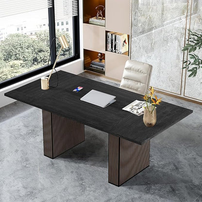 LEVNARY 78 Inch Long Executive Desk, Large Office Desk with Wood Strip Base, Modern Farmhouse Computer Desk Business Furniture for Home Office (Black)