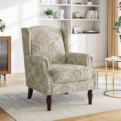 Pia Ricco Set of 2 Floral Accent Chairs, High Back Upholstered Armchairs with Retro Wingback Design, Nailhead Trim & Solid Wood Legs for Living Room Bedroom(Flower White)