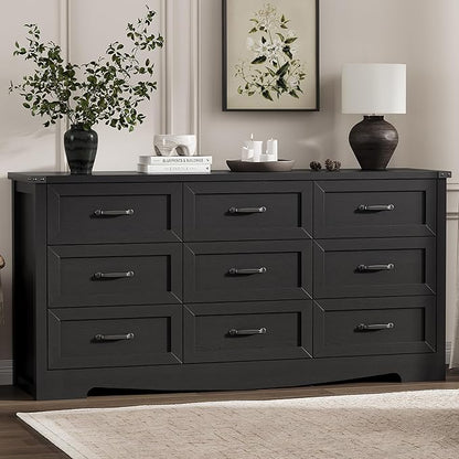 Dresser for Bedroom with 9 Drawers, 63" Wide Wood Chest of Drawers with Deep Drawers & Mental Handle, Modern Dresser TV Stand, Wooden Closet Storage Organizer for Living Room, Hallway, Entryway, Black