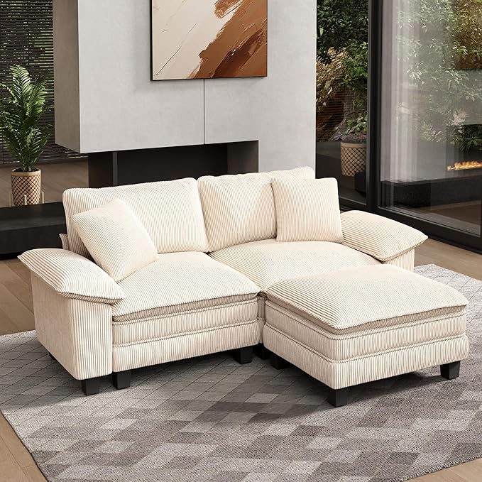 HERA'S HOUSE 88" Modular Sectional Sofa, L Shaped Couches for Living Room, Comfy Cloud Couch with Ottoman, 3-Seater Deep Seat Sofa with Throw Pillow, Corduroy Beige