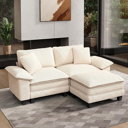 HERA'S HOUSE 88" Modular Sectional Sofa, L Shaped Couches for Living Room, Comfy Cloud Couch with Ottoman, 3-Seater Deep Seat Sofa with Throw Pillow, Corduroy Beige