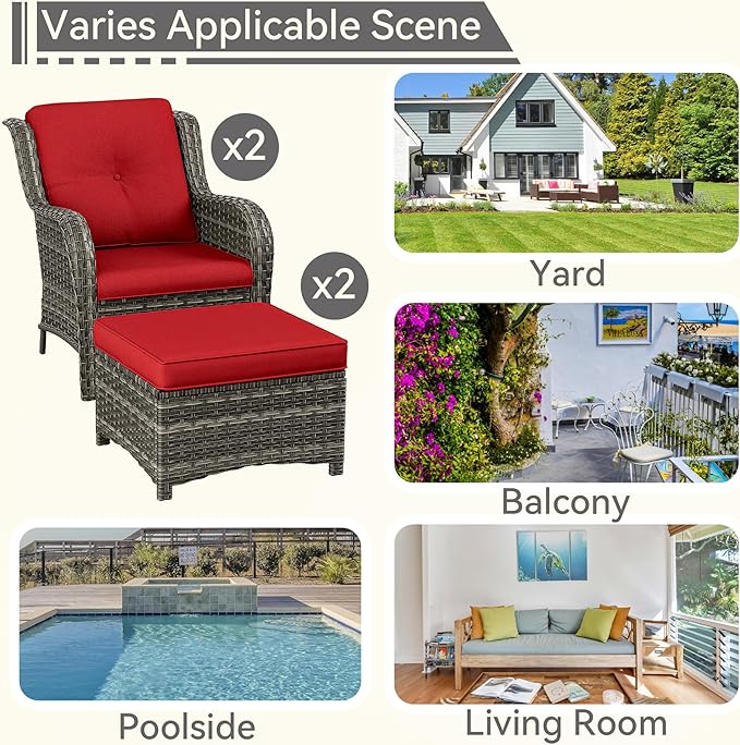 4 Pieces Patio Conversation Set, Wicker Chairs Set of 2 and Two Ottomans with 3.5-inch Seat Cushions, High Back and Curved Armrest for Backyard, Balcony and Deck, Red