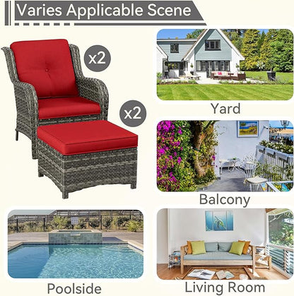 4 Pieces Patio Conversation Set, Wicker Chairs Set of 2 and Two Ottomans with 3.5-inch Seat Cushions, High Back and Curved Armrest for Backyard, Balcony and Deck, Red