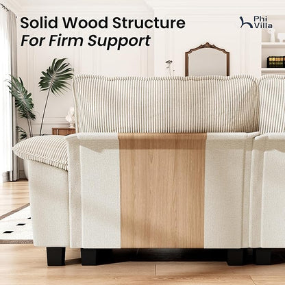 PHI VILLA Cloud Modular Couch Sets, 123.6" Sectional Sofa with L-Shaped Chaise Ottoman, 4-Seater Couches with Upholstered Deep Seat for Living Room, Chenille Corduroy Dual Fabric, Beige