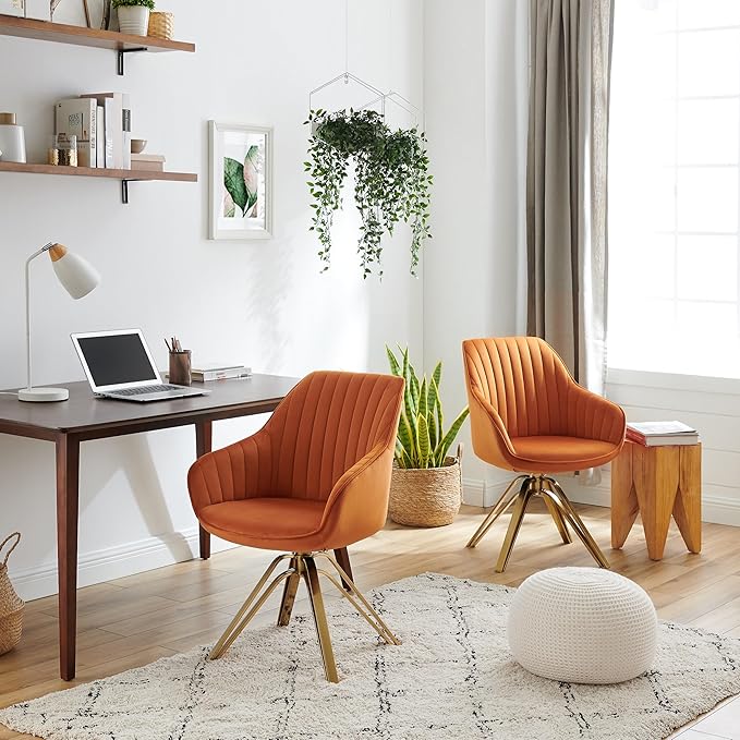 Zouron Mid Century Modern Swivel Accent Chair with Gold Metal Legs, Upholstered Swivel Chair No Wheels, Side Accent Arm Chair Vanity Chair for Small Space Home Office Living Room Bedroom, Cinnamon