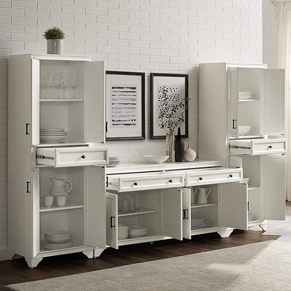 Crosley Furniture Tara 3-Piece Modern Farmhouse Sideboard Buffet Cabinet and Kitchen Storage Pantry Set, Distressed White