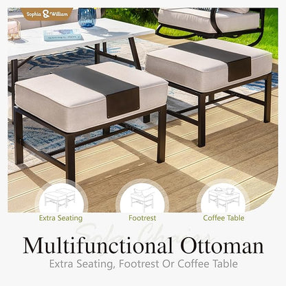 Sophia & William Patio Furniture Sets 7 Seats Outdoor Conversation Set 6 Pcs,2 x Cushioned Swivel Sofa Chairs,1 x 3-Seat Sofa,2 Ottomans, Marbling Metal Coffee Table Patio Backyard Poolside Beige