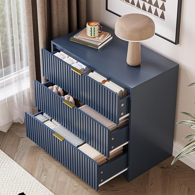 3-Piece Dresser Bedroom Set, 9 Drawer Dresser & 3 Drawer Nightstands with Gold Handles, Fluted Wood Chest of Drawers for Bedroom, Living Room, Entryway, Navy Blue