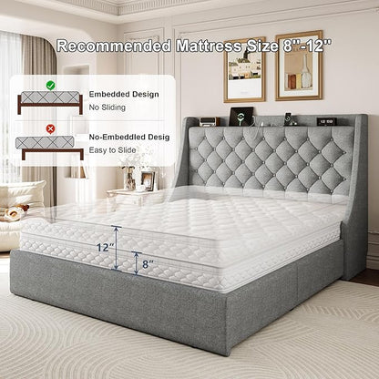 Full Size Upholstered Platform Bed Frame with 4 Storage Drawers and Charging Station, Linen Button Tufted Wingback Headboard, Sturdy Wooden Support Slats, No Box Spring Needed, Light Grey