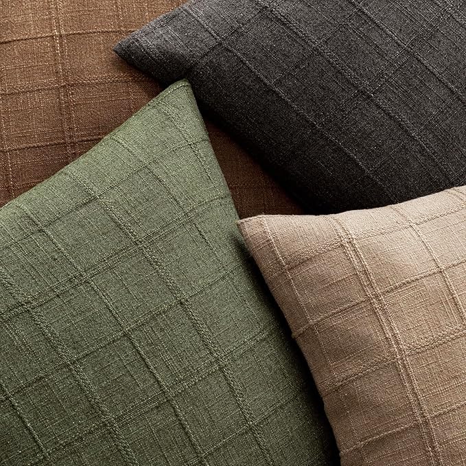 Foindtower Set of 2 Decorative Linen Check Throw Pillow Covers Neutral Farmhouse Lumbar Cushion Covers Modern Boho Home Decor for Sofa Chair Couch Bedroom Living Room,12×20 Inch,Brown Hazel