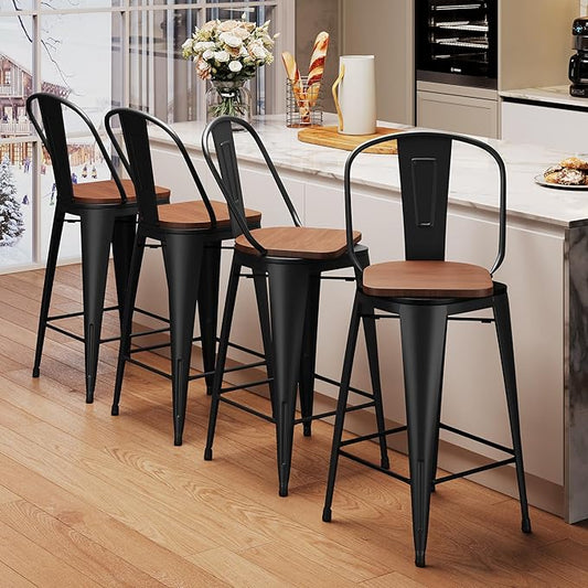 Aklaus Swivel Metal Bar Stools Set of 4 Counter Height Stools Counter Bar Stools with Back Swivel Metal Bar Chairs Wooded Seat 30 Inch Matte Black Barstools