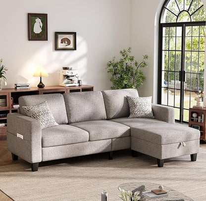 Sectional Sofa and Couches for Living Room, 78'' Brown 3 Seat L-Shaped Couch with Movable Ottoman, Comfy Linen Convertible Sectionals Sofas with Chaise for Apartment, Office, Small Space