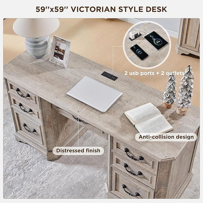 T4TREAM 59" Farmhouse Executive Desk with Drawers,Wood Home Office Computer Desk, Featuring Keyboard Tray,Charging Station,File Drawer, Storage Cabinet,for Work and Study (Light Rustic Oak)