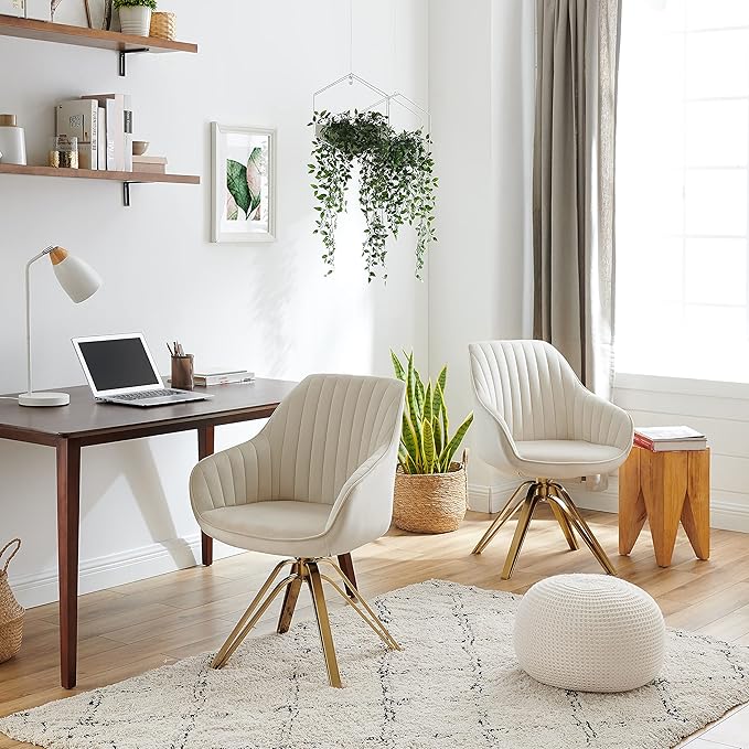 Zouron Mid Century Modern Swivel Accent Chair with Gold Metal Legs, Upholstered Swivel Chair No Wheels, Side Accent Arm Chair Vanity Chair for Small Space Home Office Living Room Bedroom, Off White