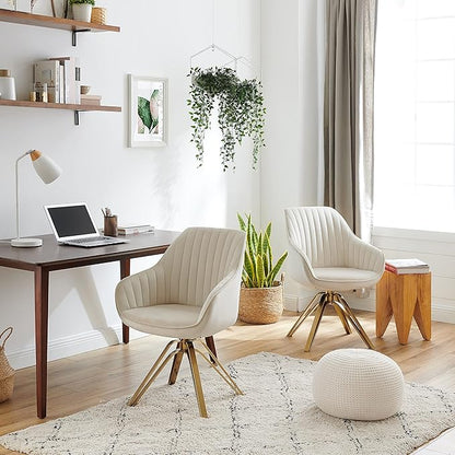 Zouron Mid Century Modern Swivel Accent Chair with Gold Metal Legs, Upholstered Swivel Chair No Wheels, Side Accent Arm Chair Vanity Chair for Small Space Home Office Living Room Bedroom, Off White