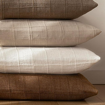 Foindtower Set of 2 Decorative Linen Check Throw Pillow Covers Neutral Farmhouse Vintage Cushion Covers Modern Boho Home Decor for Sofa Chair Couch Bedroom Living Room,18×18 Inch,Cream White