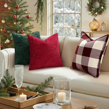 decorUhome Christmas Red Chenille Throw Pillow Covers 16x16 Set of 2 Thick Textured Slubby Couch Pillow Covers Farmhouse Accent Modern Neutral Decorative Pillow Cases for Bed Sofa Living Room