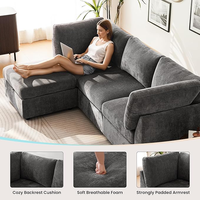 TEKAMON 96" Modular Sectional Sofa,Large Comfy Cloud 3-Seat Deep Seat, Reversible Chaise Modular Sectional Couches for Living Room and Apartmenr,Grey