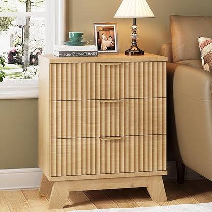 Fluted Nightstand, 24" Wide Side Table with 3 Large Storage Drawers, Mid Century Modern Wood Night Stand with Metal Handle, Wooden Bedside End Table for Bedroom, Living Room, Closet, Natural Oak