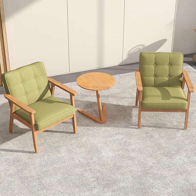 KCC Mid-Century Modern Linen Fabric Accent Chair, Upholstered Tufted Leisure Chair Comfy Reading Side Chair with Armrest and Solid Wood Frame for Living Room Bedroom Balcony(Green)