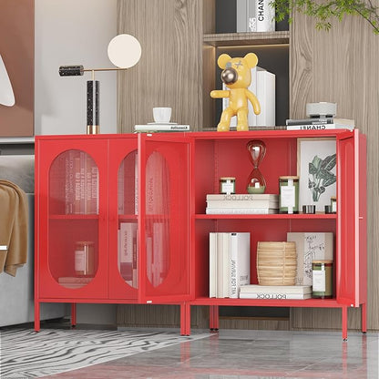 Metal Storage Cabinets with Doors and Shelf, Small Closet with High Feet, Display Cabinets with 2 Mesh Doors, Red Dresser for Home, Office, Living Room,Dining Room,Sideboard, Hallway and Entryway