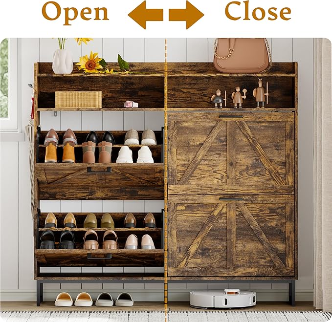Shoe Cabinet Storage for Entryway, Shoe Storage Cabinet with 4 Flip Drawers, Freestanding Narrow Shoe Rack Organizer with Metal Legs, Adjustable Shelves & Open Storage for Foyer, Hallway, Brown