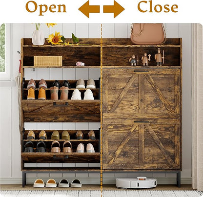 Shoe Cabinet Storage for Entryway, Shoe Storage Cabinet with 4 Flip Drawers, Freestanding Narrow Shoe Rack Organizer with Metal Legs, Adjustable Shelves & Open Storage for Foyer, Hallway, Brown