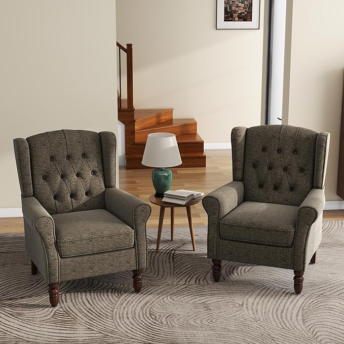 UIXE High Back Accent Chairs Set of 2, Fabric Upholstered Armchair Wingback Arm Club Chair for Living Room, Comfy Single Sofa Bedroom Reading Seat with Solid Wood Legs - Taupe