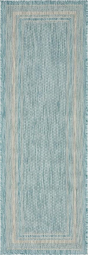 Unique Loom Outdoor Border Collection Area Rug - Soft Border (2'x 6' 1" Runner, Aquamarine/ Ivory)