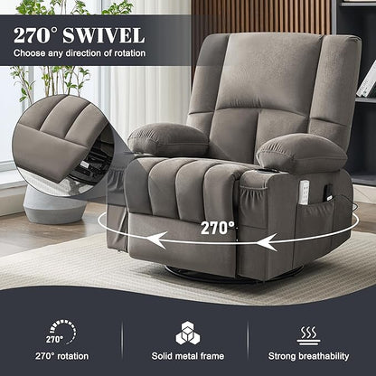 Oversized Recliner Chairs for Adults, 270° Swivel Rocking Recliner with Heat and Massage Lazy Boy Recliner,Recliner Chairs Single Sofa Seat with Cup Holders(Grey, Electric)
