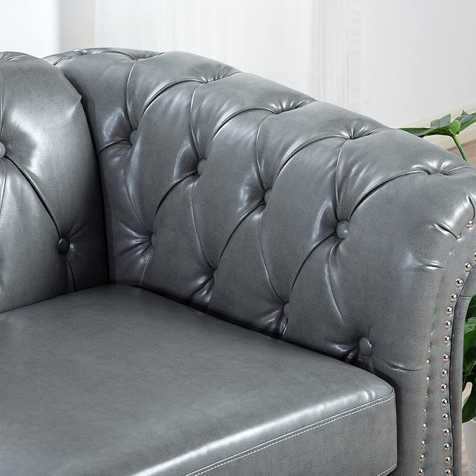 LEVNARY Chesterfield Sofa, Classic Tufted Upholstered Leather Couch, Modern 3 Seater Couch Furniture with Tufted Back for Living Room Office (Gray)