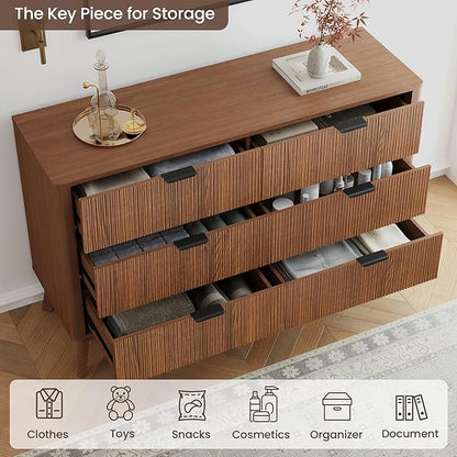 SUNWAVE 6 Drawer Dresser for Bedroom, 49.6" Wide Modern Fluted Dresser with Round Corner, Wood Chest of Drawers for Living Room