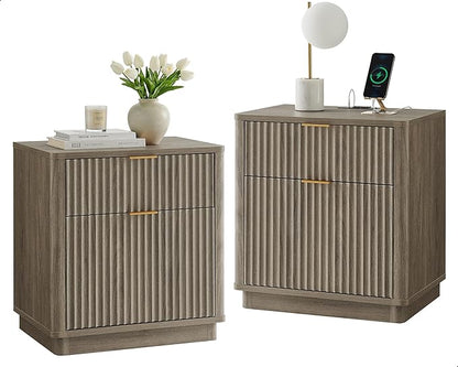 T4TREAM 23'' Fluted Nightstand Set of 2 with Charging Station, Large 2 Drawer Side Table, Modern End Table with Storage, Mid Century Bedside Table for Bedroom, Living Room, Curved Profile, Grey Alder