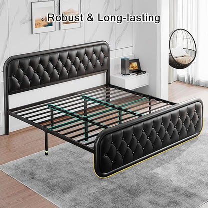 King Size Bed Frame, Upholstered Bed with Button Tufted Leather Headboard and Footboard, Metal U-Shape Support Foundation, No Box Spring Required, Black