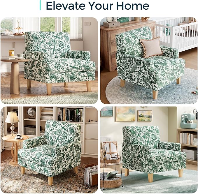 LINSY Floral Accent Chair, Large Armchair with Rubberwood Legs, Mid Century Upholstered Reading Chair, Comfy Oversized Single Sofa Chair for Living Room Bedroom Office Study, Floral Green