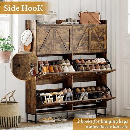 Shoe Cabinet Storage for Entryway, Shoe Storage Cabinet with 6 Flip Drawers, Freestanding Narrow Shoe Rack Organizer with Metal Legs, Adjustable Shelves & Open Storage for Foyer, Hallway, Brown