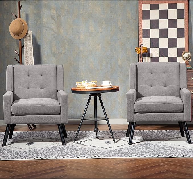 Mid-Century Modern Accent Chair Set of 2, Plush Linen Fabric with Button Tufted High Back & 5" Thick Cushion, High Comfort Reading Chair for Living Room, Bedroom, Office (Light Gray)