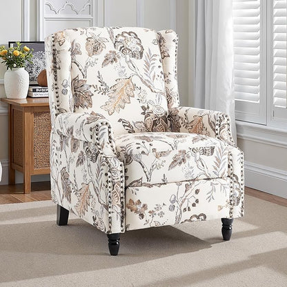 Pushback Recliner Chair, Floral Fabric Wingback Recliner Chair, Upholstered Armchair Push Back Recliner, Rivet Trim Single Sofa Accent Chair with Wood Legs for Living Room, Plants Beige