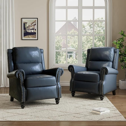 Pushback Recliner Chairs Set of 2, Faux Leather Wingback Recliner Chair, Upholstered Armchair Push Back Recliner with Wood Legs, Rivet Trim Single Sofa Accent Chair for Living Room, Bedroom, Navy
