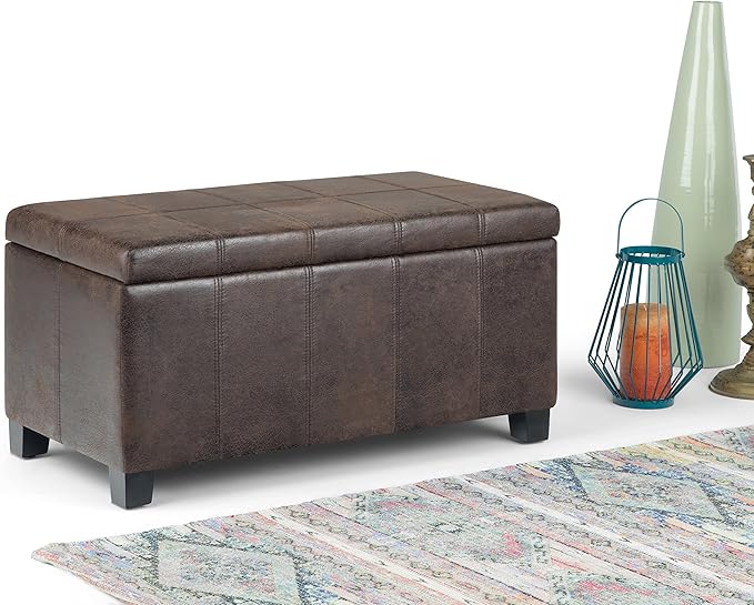 SIMPLIHOME Dover 36 inch Wide Contemporary Rectangle Storage Ottoman Bench in Distressed Brown Vegan Faux Leather, Assembled, for the Living Room, Entryway and Family Room