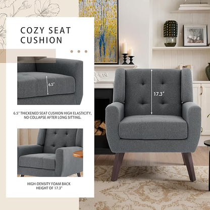 Accent Chairs Set of 2, Mid-Century Modern Upholstered Armchair, Comfy Fabric Living Room Chairs Reading Chairs with Button Tufted Back & Solid Wood Legs for Bedroom, Office, Gary