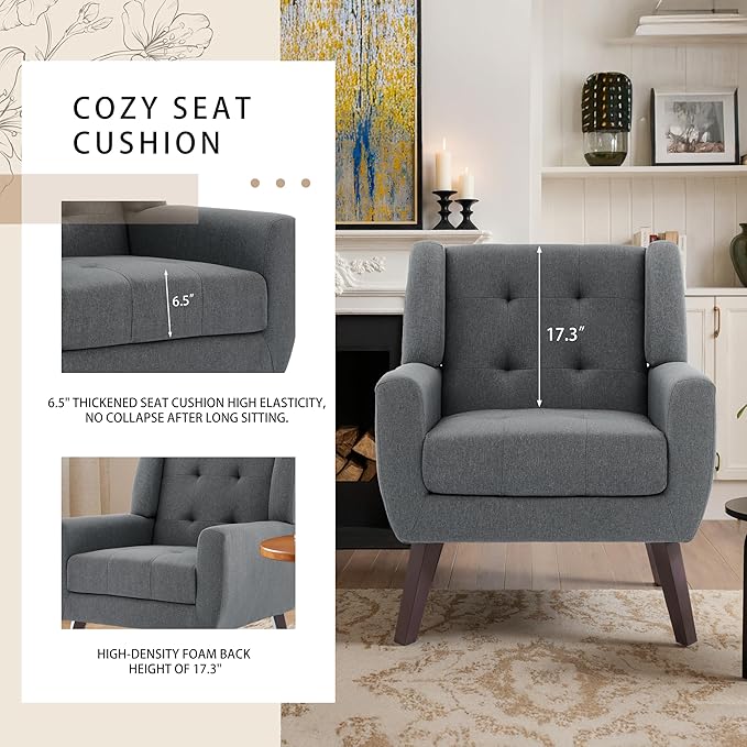 Accent Chairs Set of 4, Mid-Century Modern Upholstered Armchair, Comfy Fabric Living Room Chairs Reading Chairs with Button Tufted Back & Solid Wood Legs for Bedroom, Office, Gary