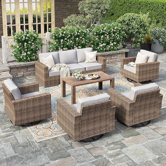 HERA'S HOUSE Luxury Swivel Glider Patio Furniture Set with 4.92" Wide Armrests 5.5" Thick Cushions, 6 Pieces Outdoor Wicker Furniture Conversation Set with Table for Backyard Deck Garden, Grey