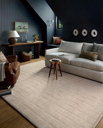 Loloi Chris Loves Julia Calvin Collection CLV-02 Ivory/Oatmeal 3'-6" x 5'-6" Accent Rug Checkered Neutral Soft Living Room Bedroom Carpet