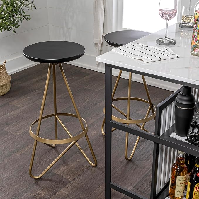 JONATHAN Y BSL1000C Spiroa 30" Modern Industrial Metal Backless Circular Bar Stool for Home, Kitchen, Dining Room, Workspaces, Cafes and Resturants, Black Seat with Gold Frame