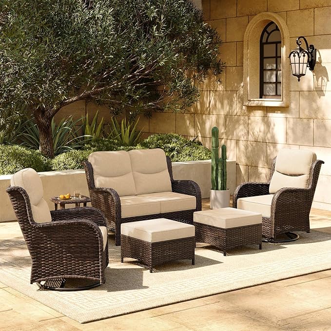 HILLGA Luxury Patio Furniture Set with 6-inch Thick Cushion, Outdoor Loveseat and High Back Swivel Rocker Patio Chairs, 6PCS Wicker Conversation Set for Deck Yard and Poolside, Beige (V2)