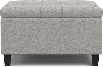 SIMPLIHOME Harrison 30 inch Wide Transitional Square Small Coffee Table Storage Ottoman in Cloud Grey , Assembled, For the Living Room and Bedroom