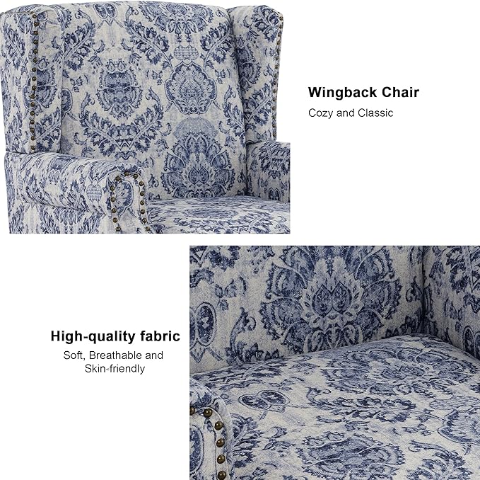 Accent Chair Set of 2, Upholstered High Back Floral Armchair with Nailhead Trim & Wood Legs, Comfy Wingback Reading Single Sofa Chair for Small Spaces, Living Room, Bedroom-Navy Blue Floral